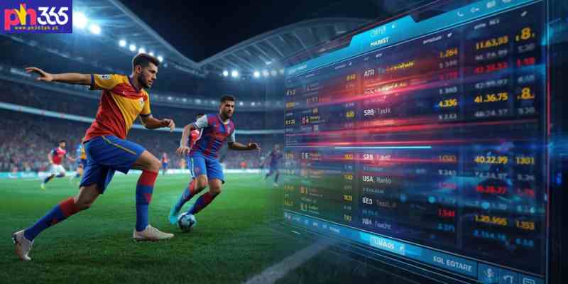 Virtual football simulation match with animated players and live betting markets display